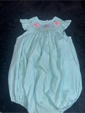 A Classy Chic Boutique Light Blue Gingham Smocked Bubble Romper with Pink Floral